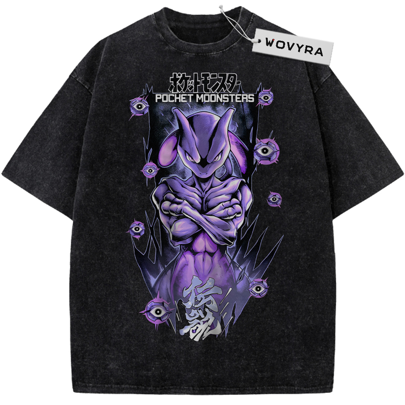 Pokemon Mewtwo Purple Portrait Vintage T-Shirt with a purple Mewtwo portrait with floating orb-like accents