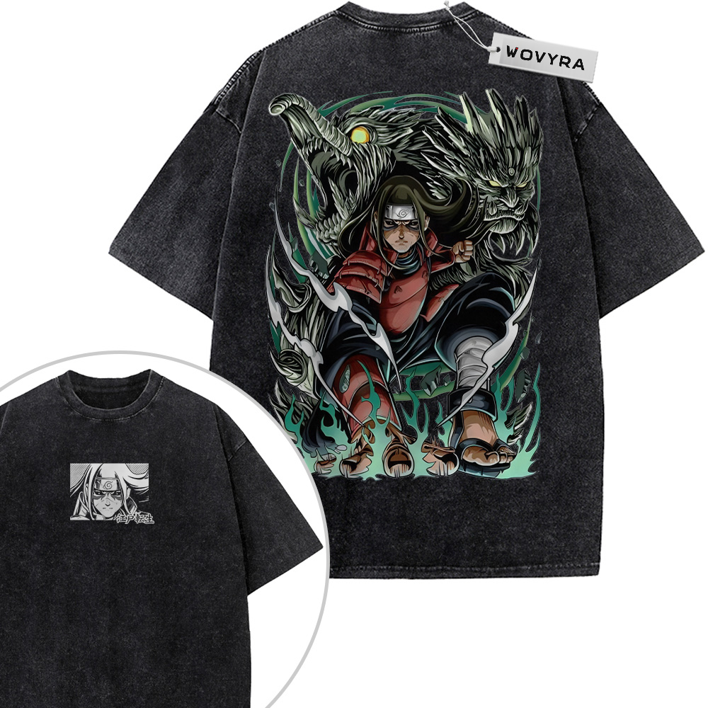 Naruto Hashirama Senju Dragon Frame 2-Sided Vintage T-Shirt with an armored character framed by a green dragon and skull motifs