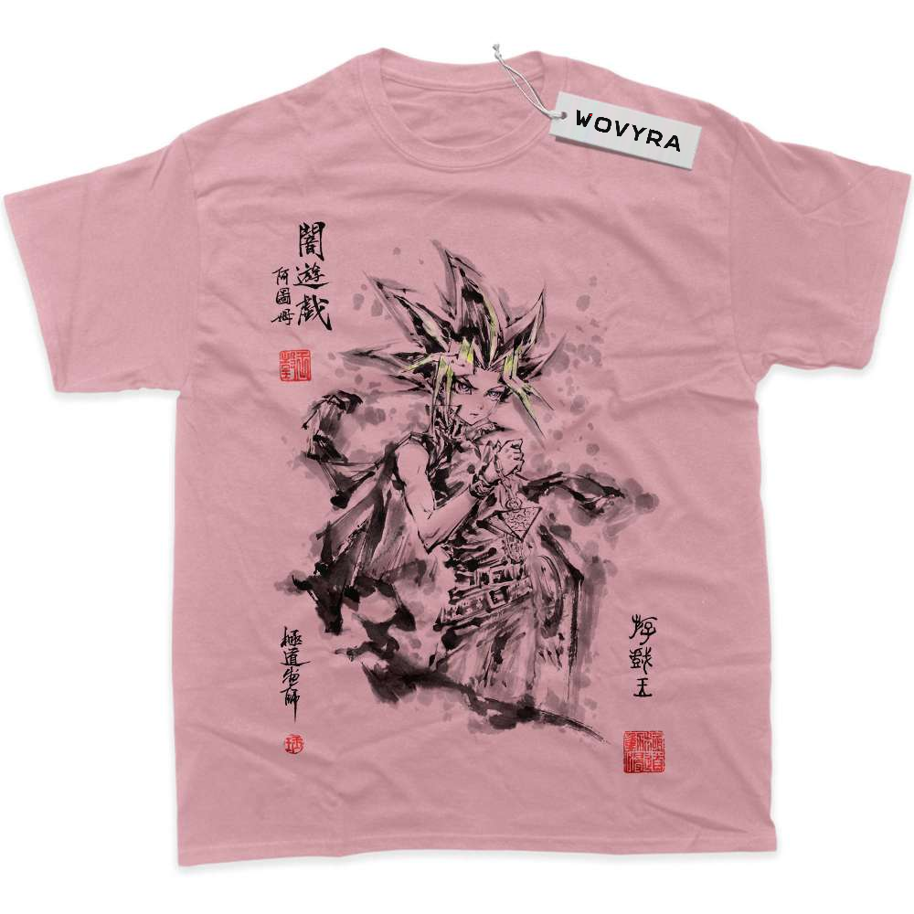 Pink WOVYRA Atem Yugi Muto classic T-shirt with black ink-style artwork and red stamp details