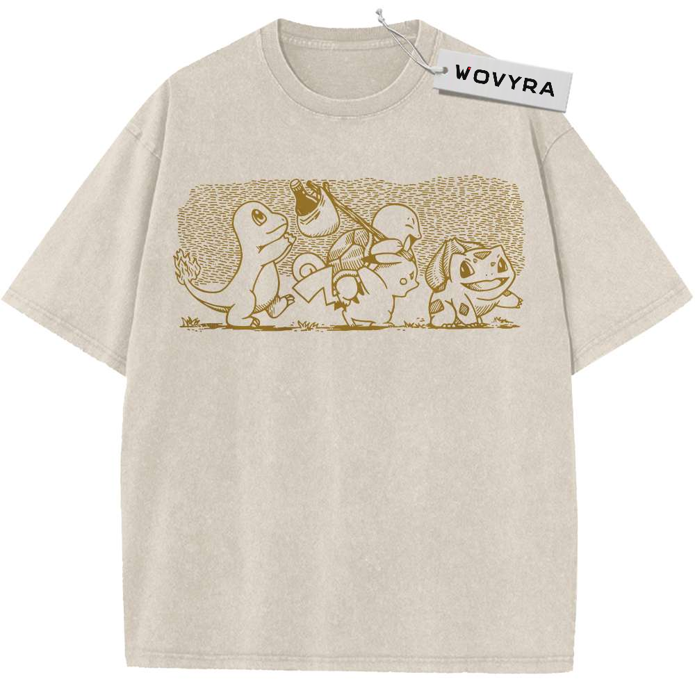 Vintage T-shirt featuring Pikachu, Bulbasaur, Squirtle and Charmander in a muted rectangular scene