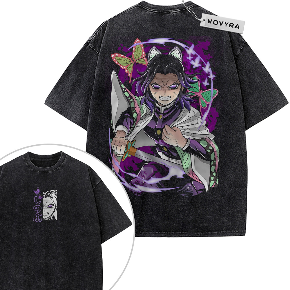 Demon Slayer Shinobu Kocho Purple Butterflies 2-Sided Vintage T-Shirt with a sword-wielding character with green and purple butterfly accents