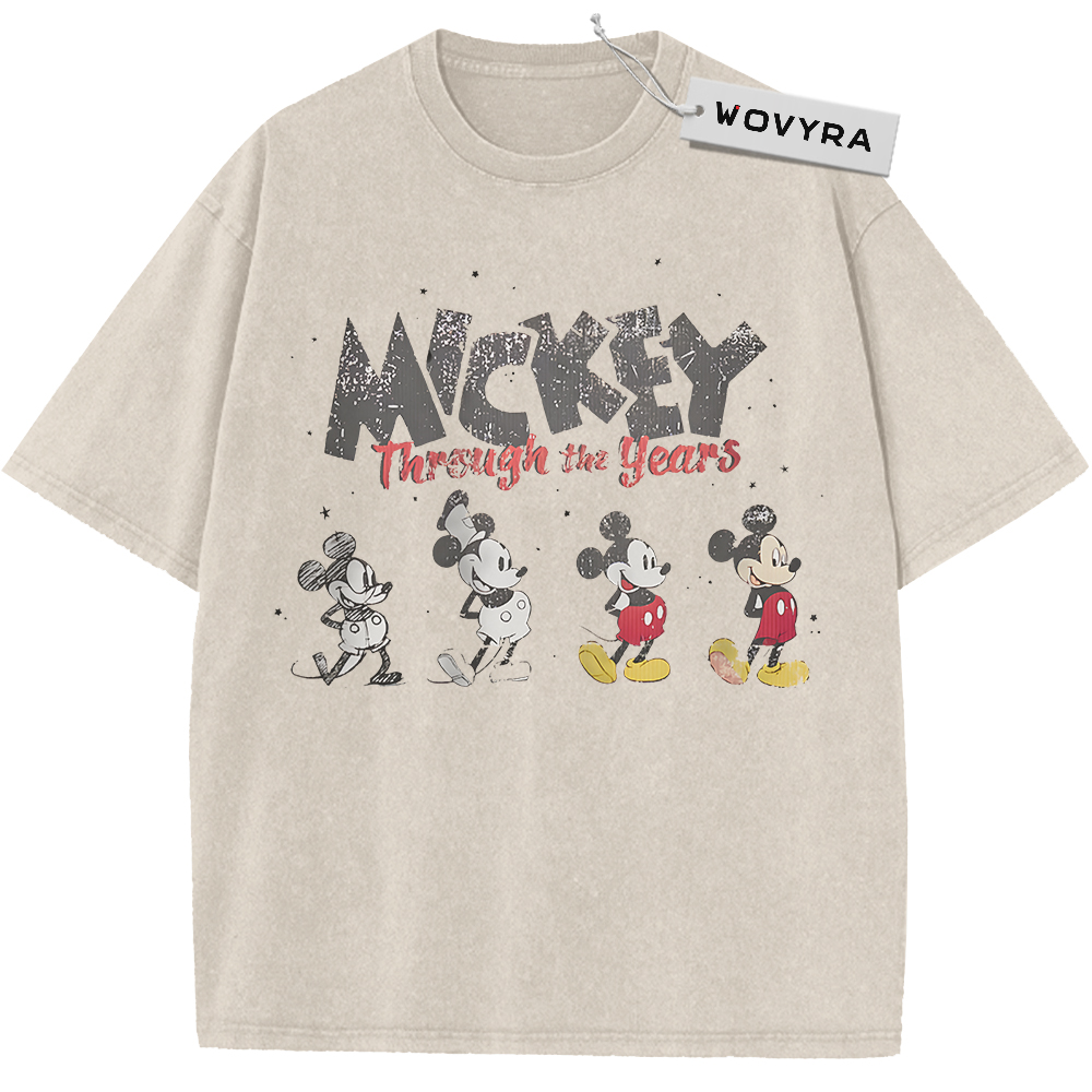 Vintage T-shirt featuring four Mickey Mouse illustrations arranged beneath Through the Years lettering