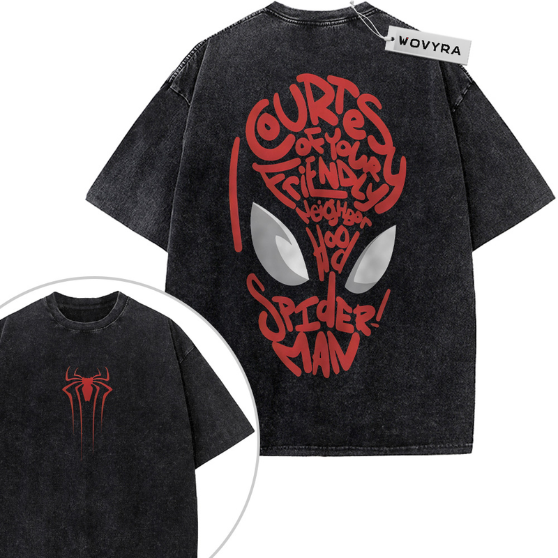 Black WOVYRA Spider-Man Red Mask Typography 2-Sided Vintage Tee