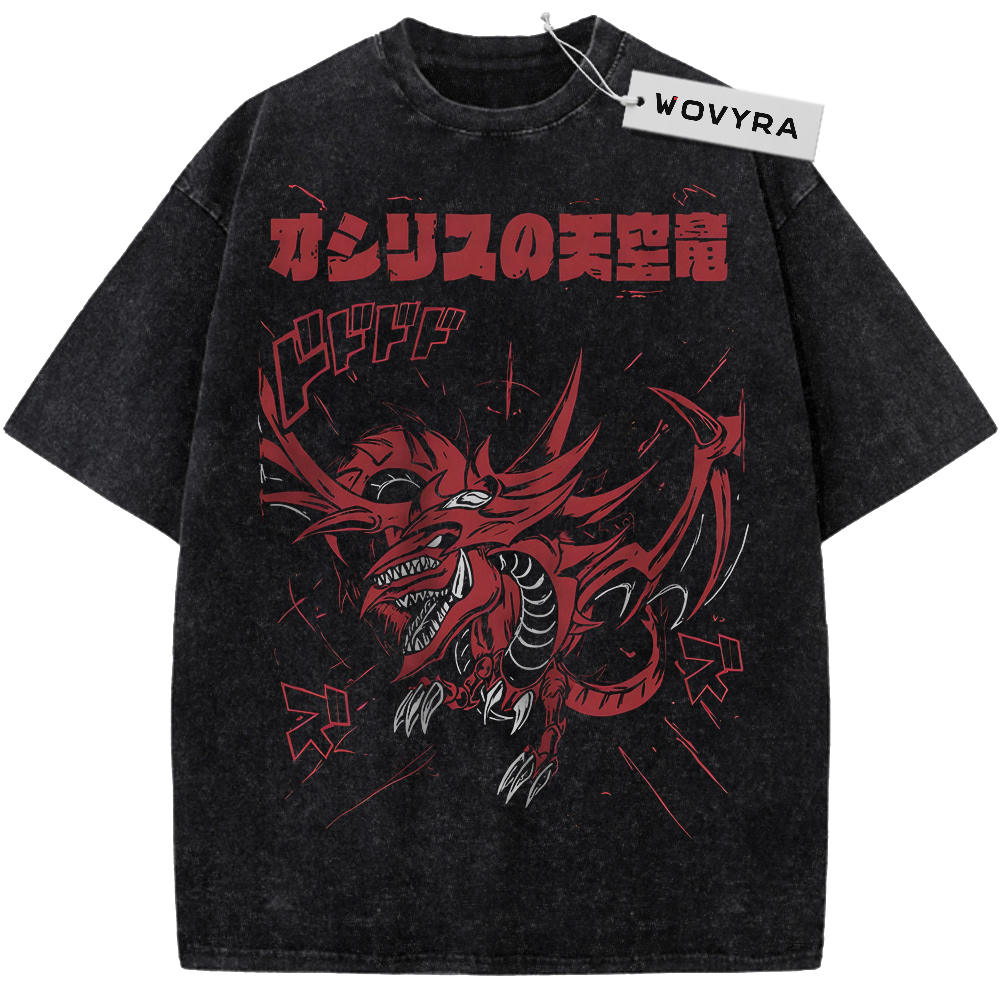 Slifer the Sky Dragon Red Dragon Vintage T-Shirt with a red dragon illustration with angular Japanese lettering