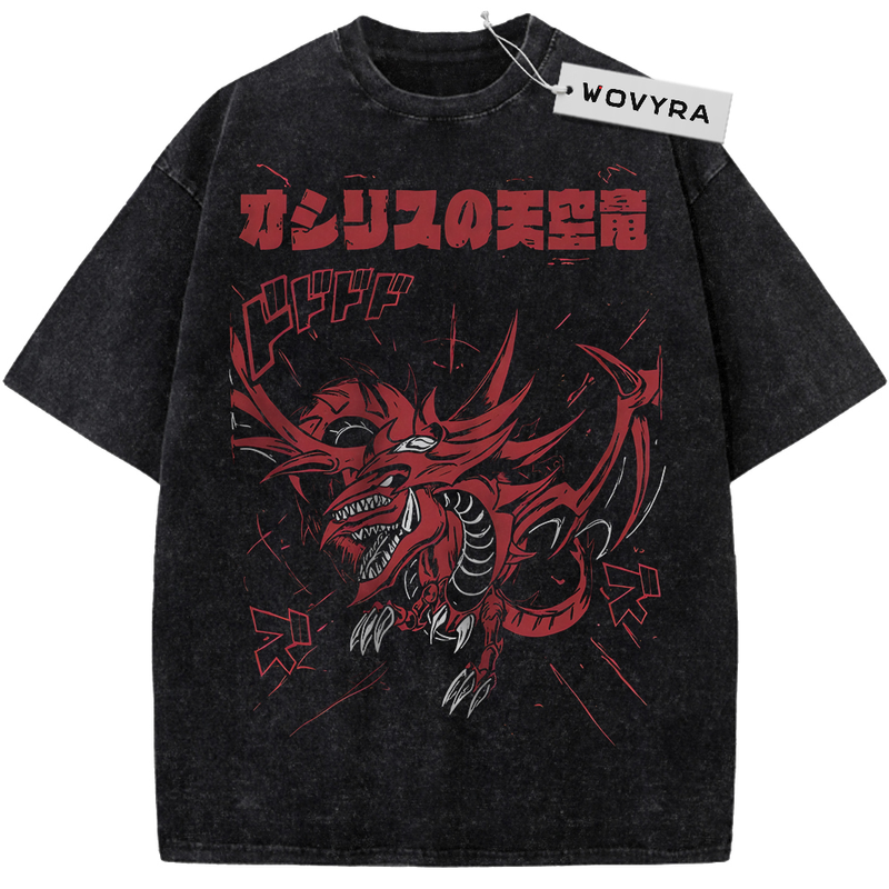 Slifer the Sky Dragon Red Dragon Vintage T-Shirt with a red dragon illustration with angular Japanese lettering