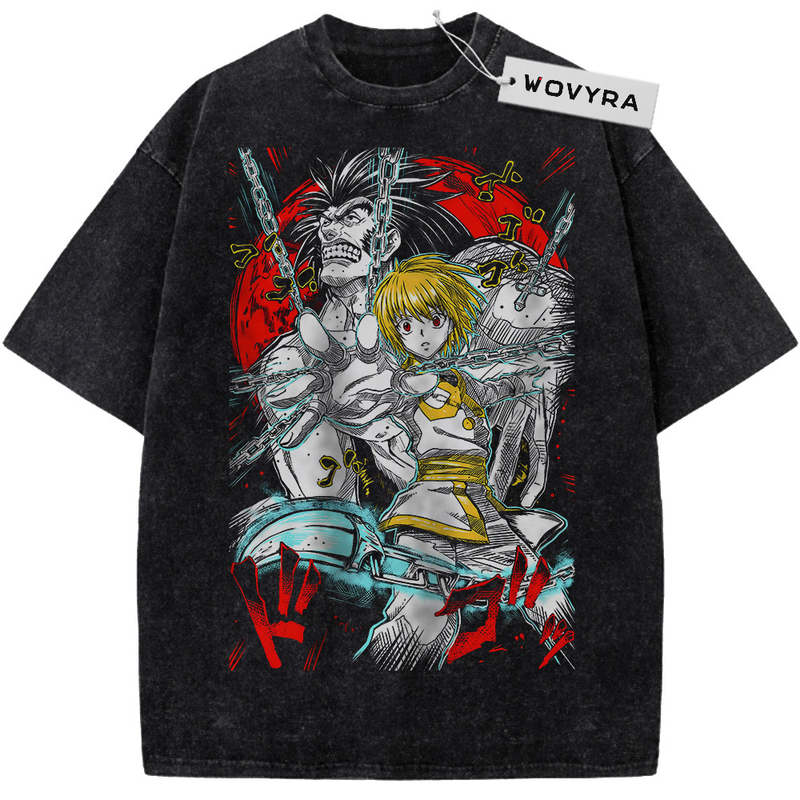 Vintage T-shirt featuring Kurapika and Uvogin in a layered action composition with red accents