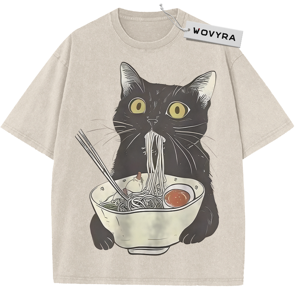 Ramen Cat Black Cat Bowl Vintage T-Shirt with a wide-eyed black cat holding a bowl of noodles and chopsticks