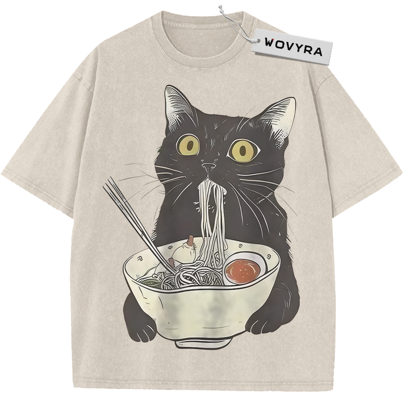 Ramen Cat Black Cat Bowl Vintage T-Shirt with a wide-eyed black cat holding a bowl of noodles and chopsticks
