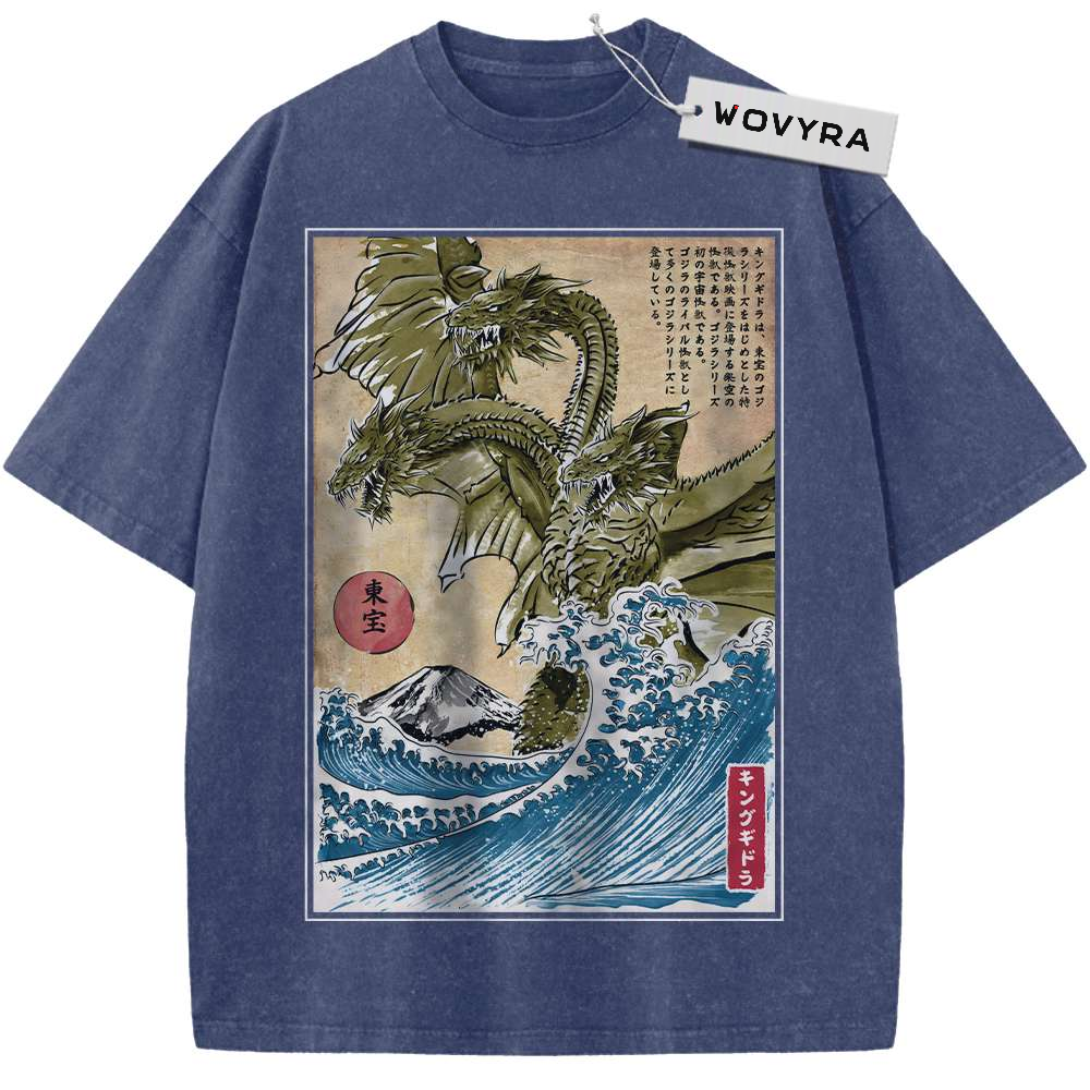 Blue King Ghidorah T-shirt with a framed three-headed dragon and blue wave print