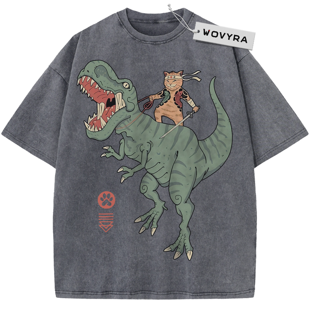 Charcoal gray Samurai Cat Dinosaur T-shirt with a sword-carrying cat riding a green dinosaur