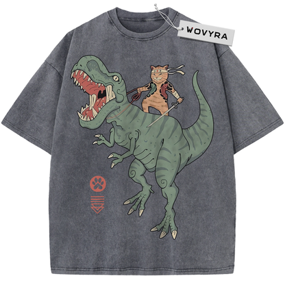 Charcoal gray Samurai Cat Dinosaur T-shirt with a sword-carrying cat riding a green dinosaur