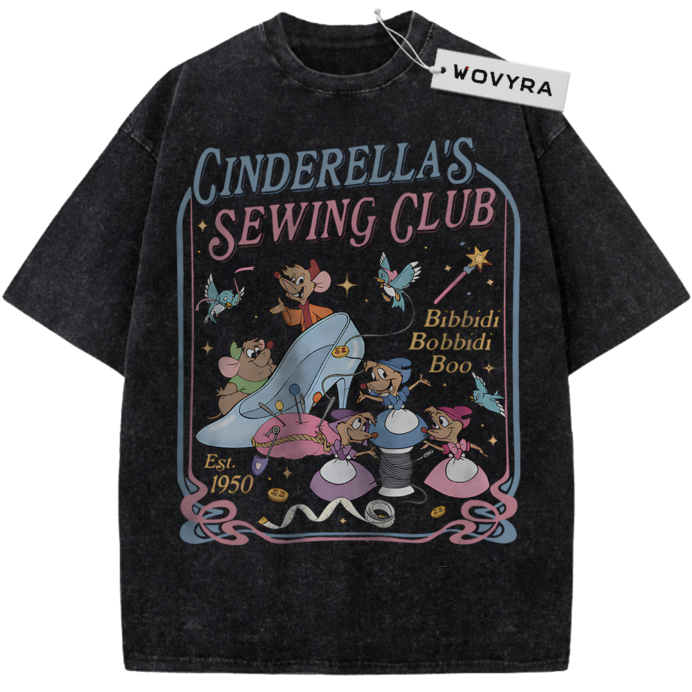 Vintage T-shirt featuring a Cinderella sewing scene with small companions and pink title lettering