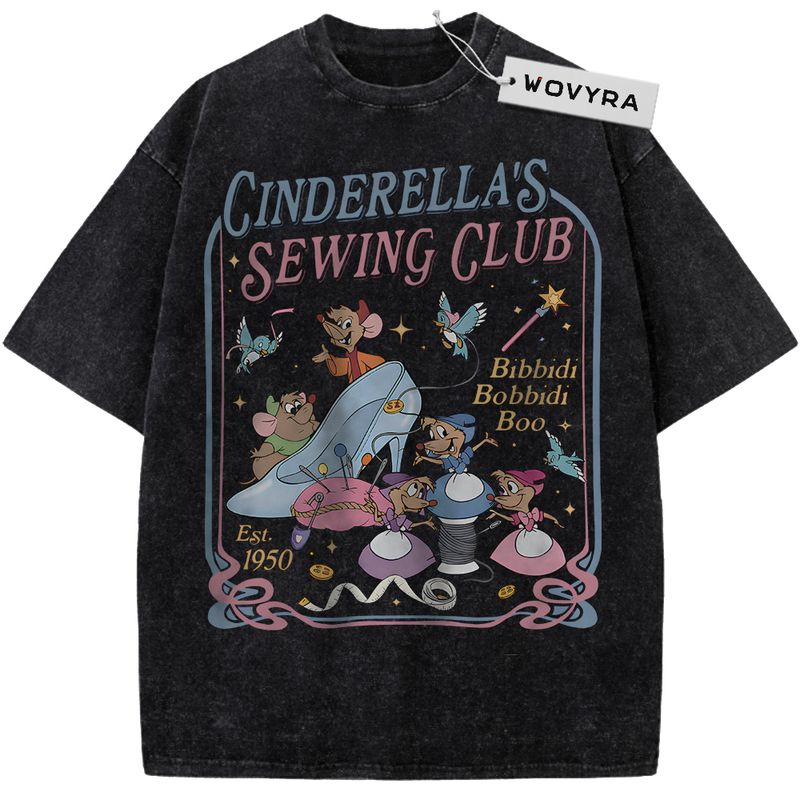 Vintage T-shirt featuring a Cinderella sewing scene with small companions and pink title lettering