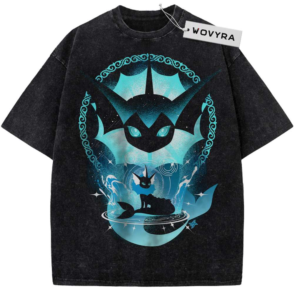 Vintage T-shirt featuring a Vaporeon silhouette and smaller figure within a glowing blue ornamental design