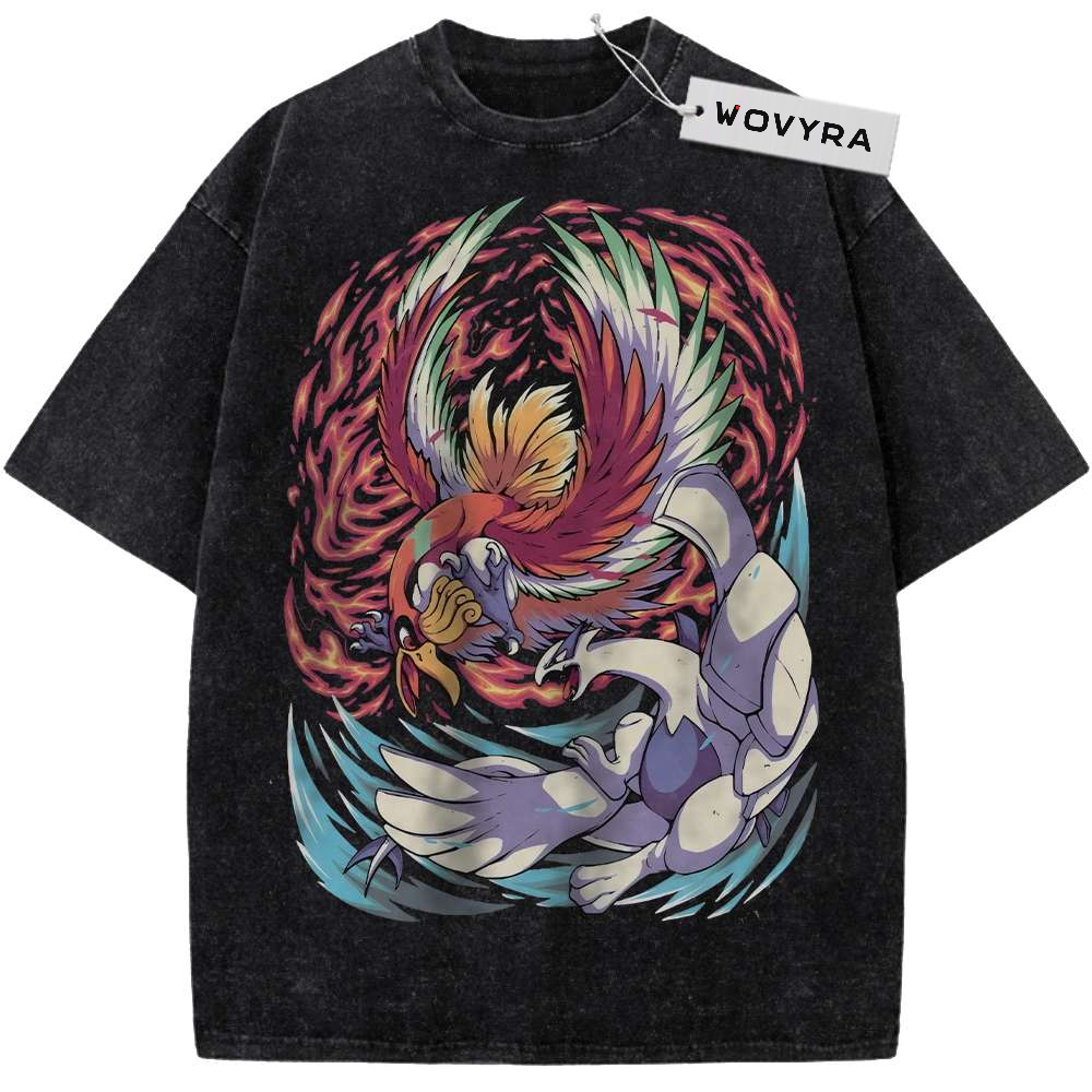 Vintage T-shirt featuring Lugia and Ho-Oh circling in a red and teal swirling composition