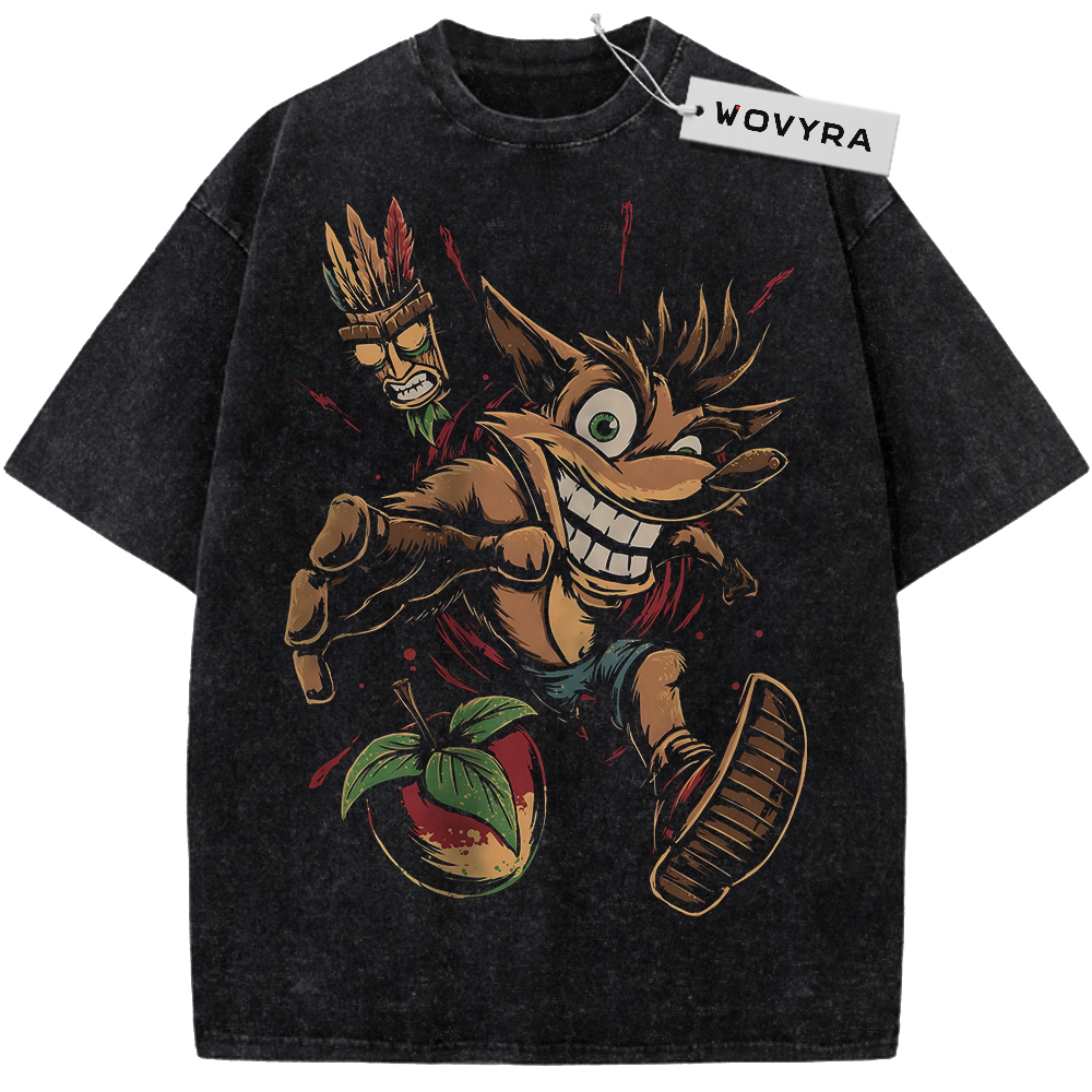 Vintage T-shirt featuring Crash Bandicoot in an energetic orange character pose beside a mask