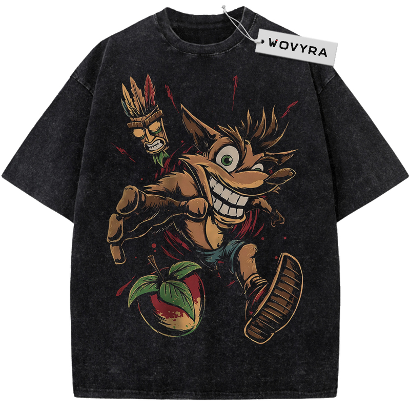 Vintage T-shirt featuring Crash Bandicoot in an energetic orange character pose beside a mask