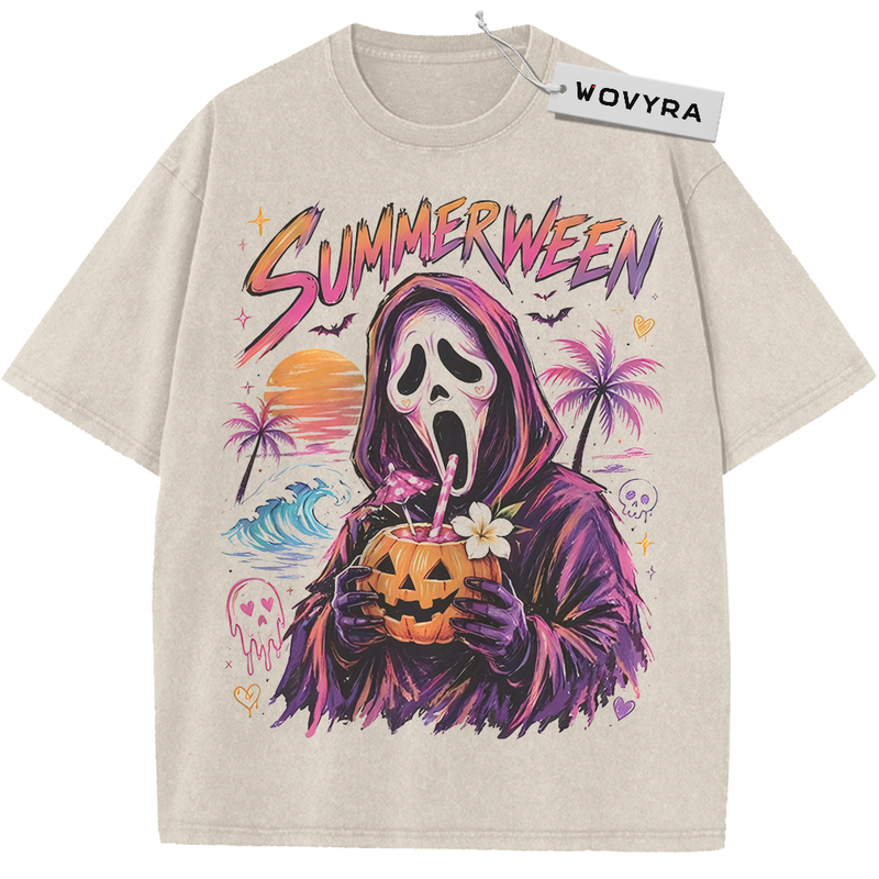 Vintage T-shirt featuring a Ghostface figure holding a pumpkin against a bright tropical backdrop