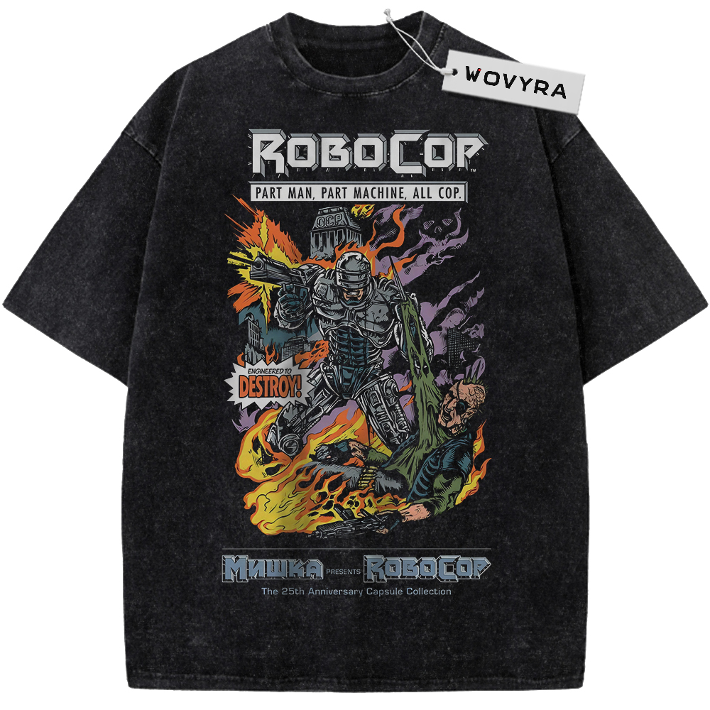 RoboCop Flame Poster Vintage T-Shirt with RoboCop artwork surrounded by colorful flames and poster lettering