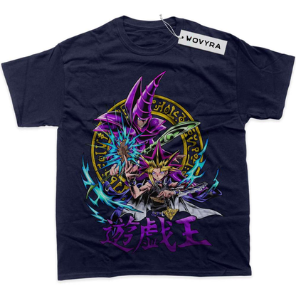 Navy WOVYRA Dark Magician and Yugi classic T-shirt with a purple magician and colorful circular sigil