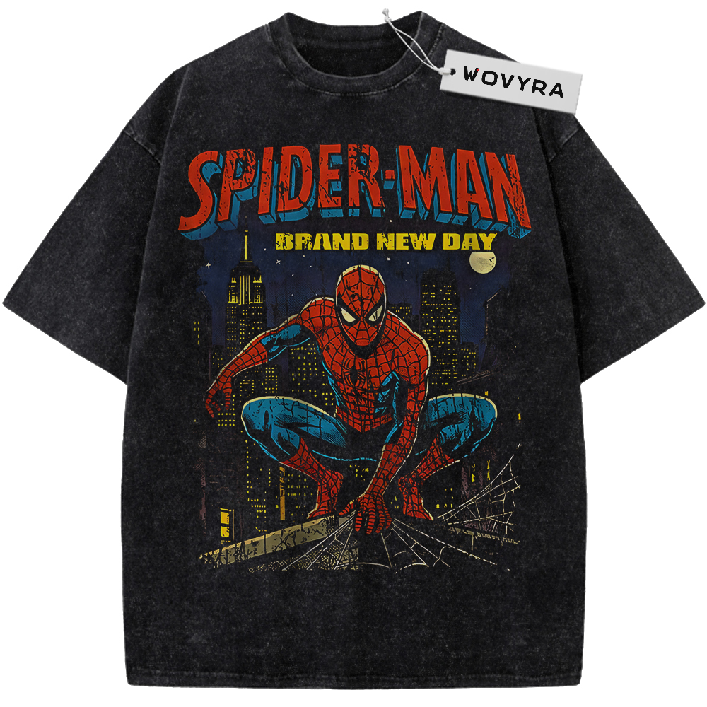 Marvel Spider-Man Brand New Day Vintage T-Shirt with a crouching Spider-Man over a night city and Brand New Day text