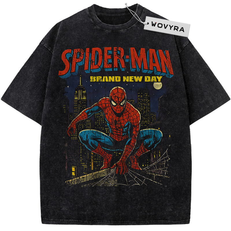 Marvel Spider-Man Brand New Day Vintage T-Shirt with a crouching Spider-Man over a night city and Brand New Day text