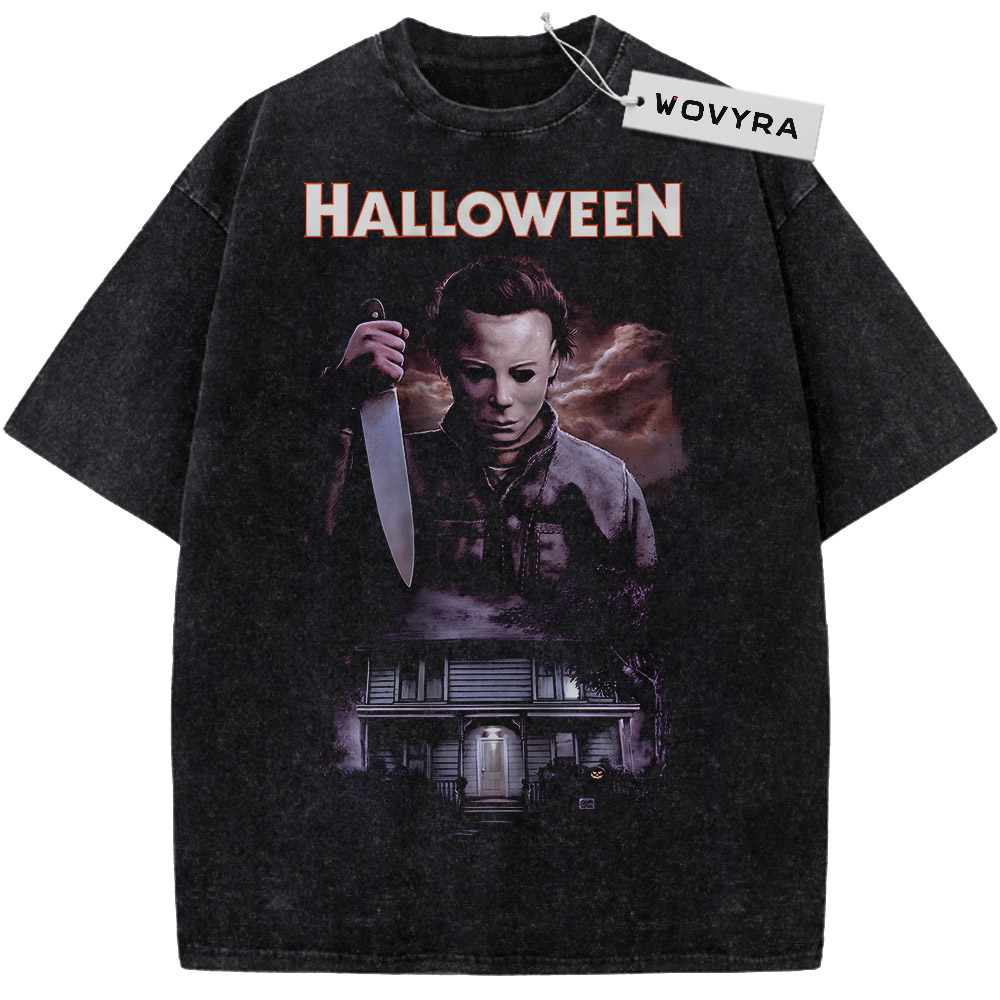 Halloween Michael Myers House Portrait Vintage T-Shirt with a Michael Myers portrait above a house in purple tones
