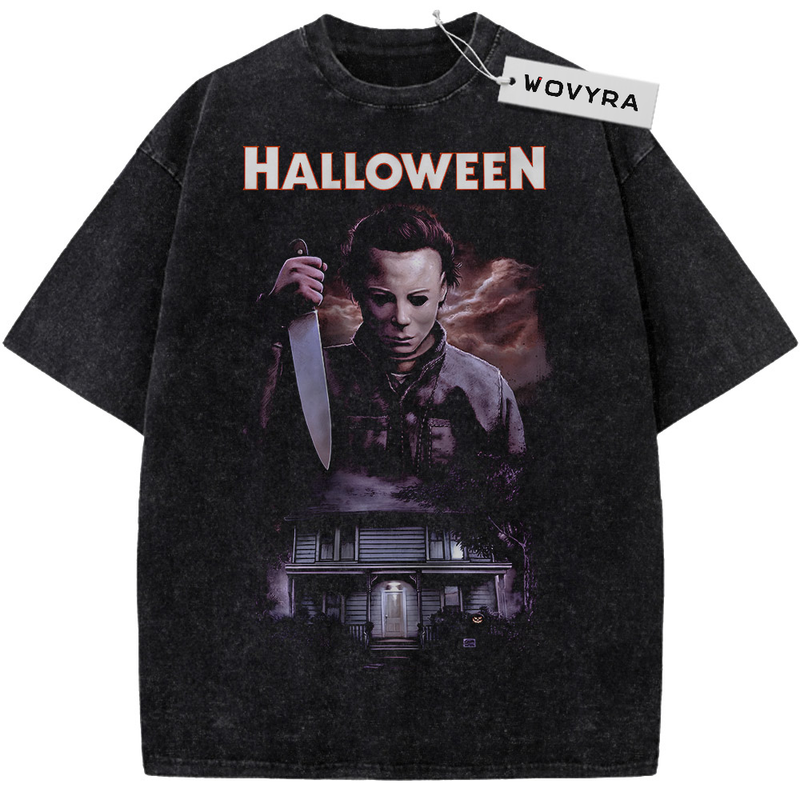 Halloween Michael Myers House Portrait Vintage T-Shirt with a Michael Myers portrait above a house in purple tones
