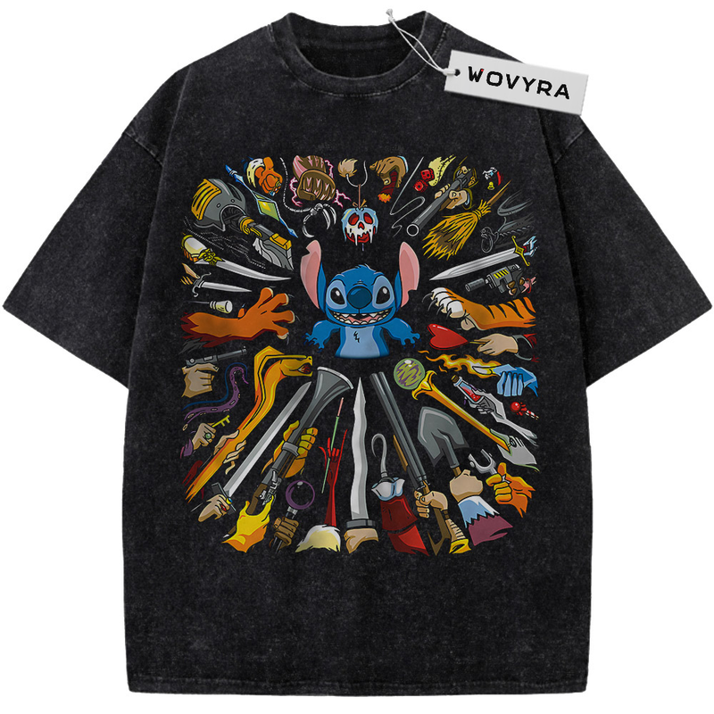 Lilo & Stitch Object Circle Vintage T-Shirt with Stitch surrounded by a circular arrangement of colorful objects