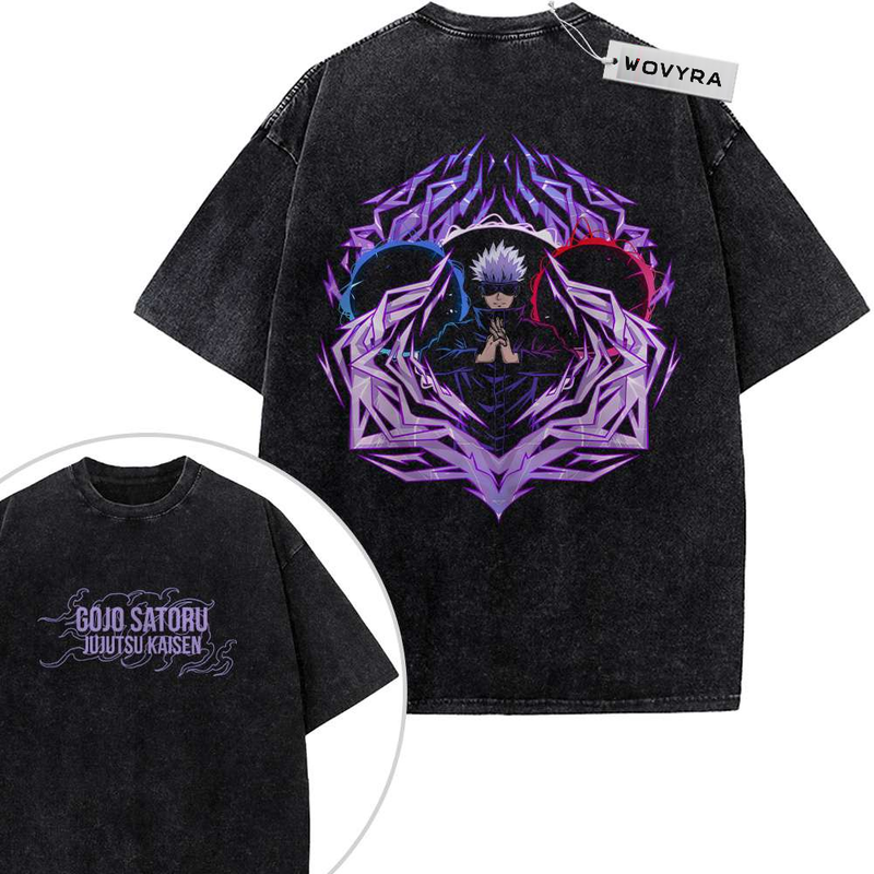 2-sided vintage T-shirt featuring Gojo Satoru inside a bright purple geometric frame