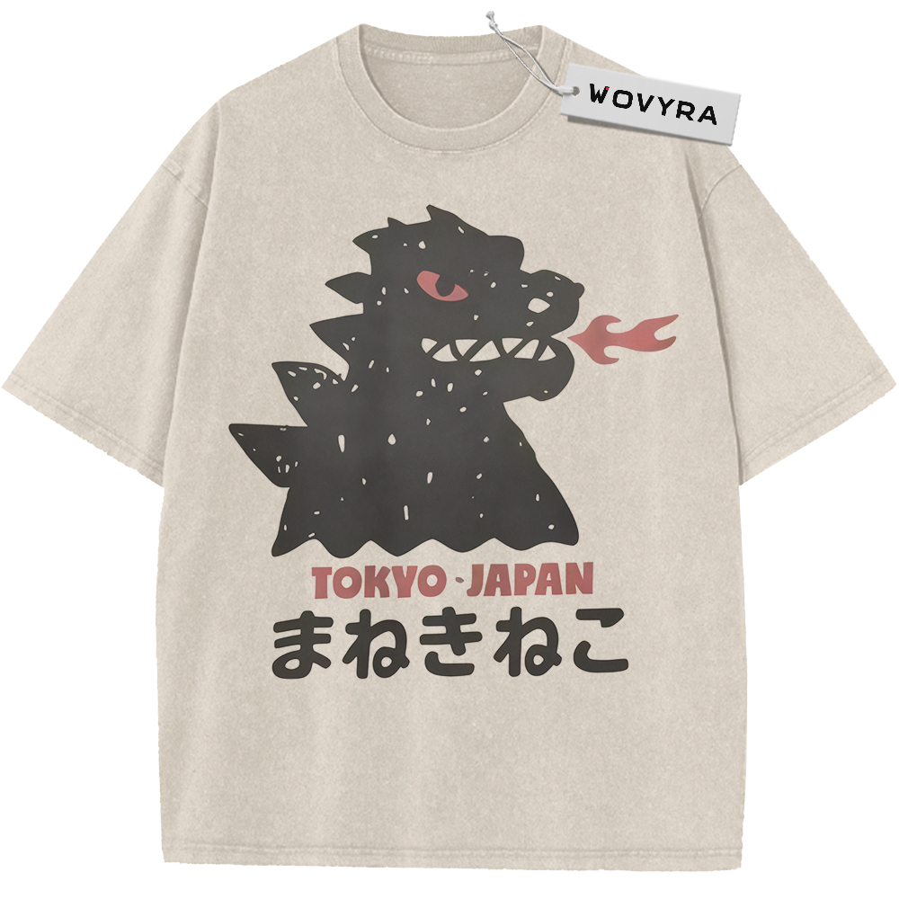 Tokyo Japan Kaiju Cartoon Fire Breath Vintage T-Shirt with a small black monster breathing red fire above Tokyo Japan text