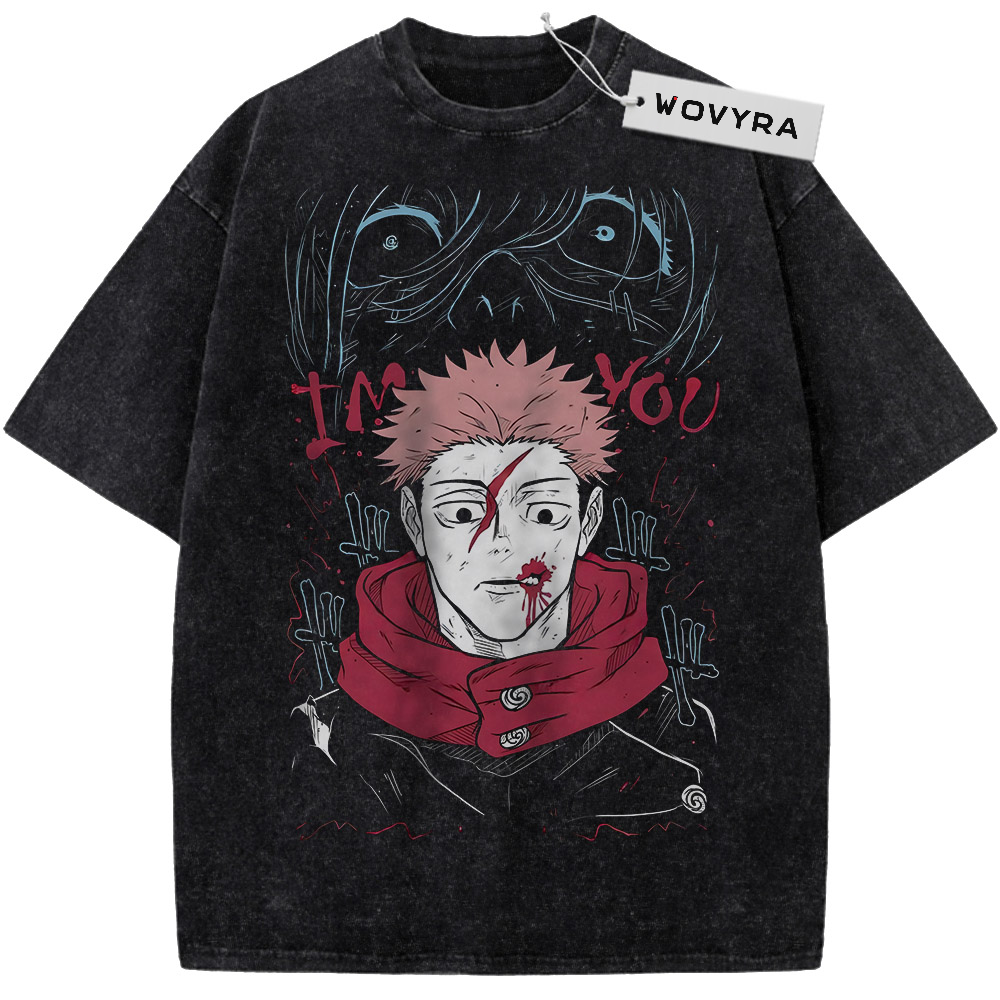 Jujutsu Kaisen Yuji Itadori Red Collar Vintage T-Shirt with a pink-haired portrait with a red collar and dark outlined faces