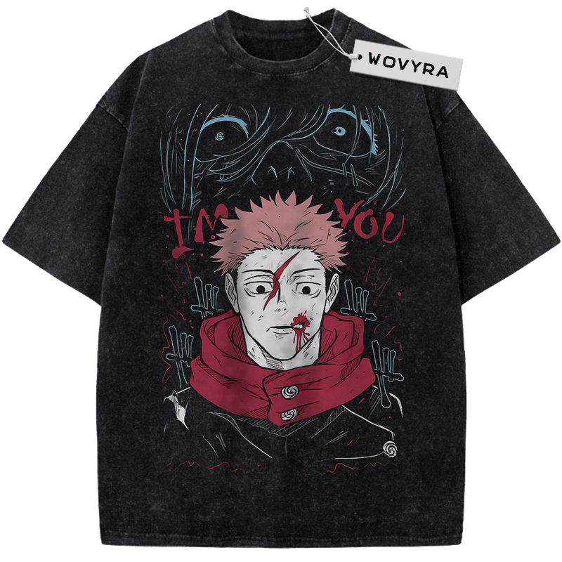 Jujutsu Kaisen Yuji Itadori Red Collar Vintage T-Shirt with a pink-haired portrait with a red collar and dark outlined faces