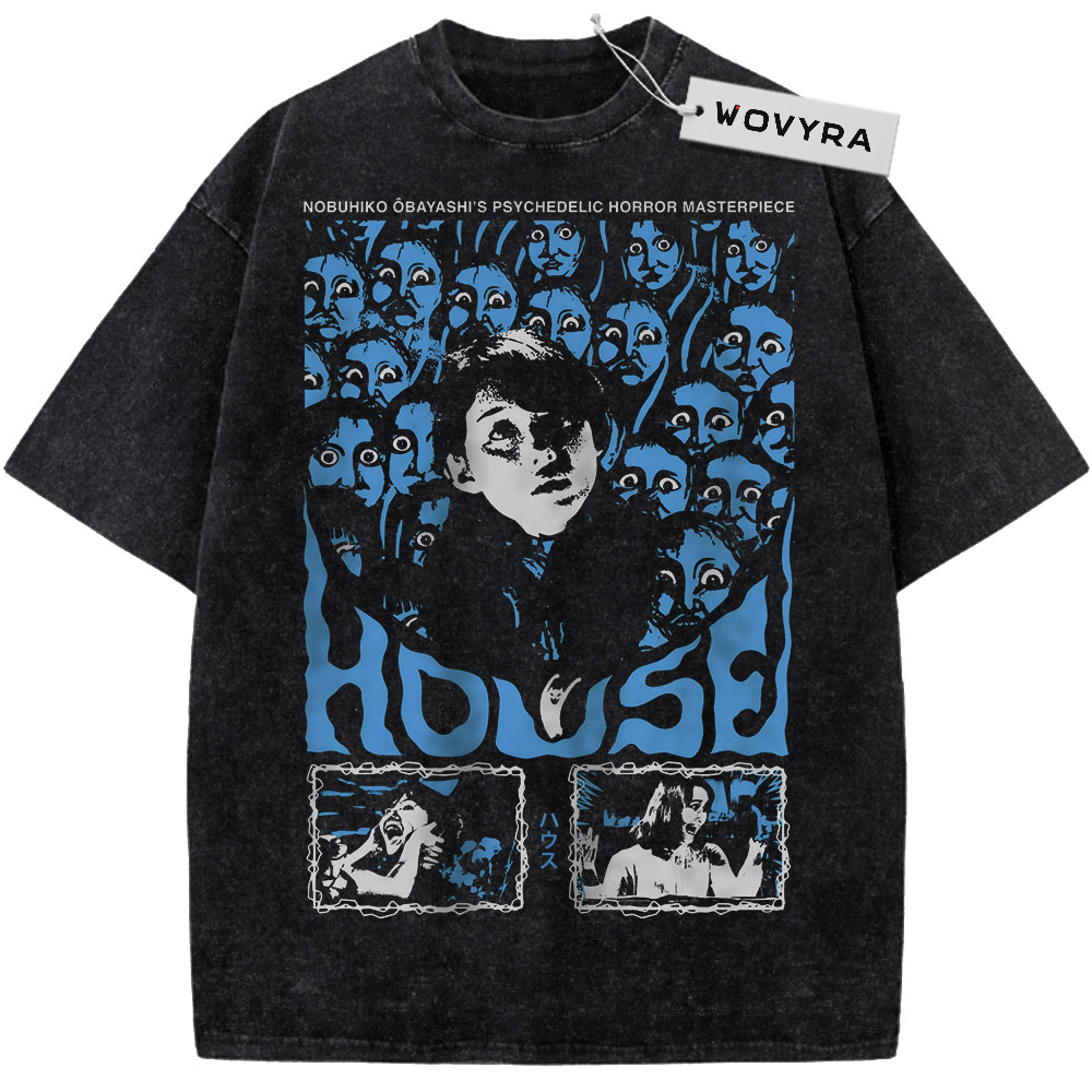 Vintage T-shirt featuring a blue horror poster collage with a central monochrome portrait