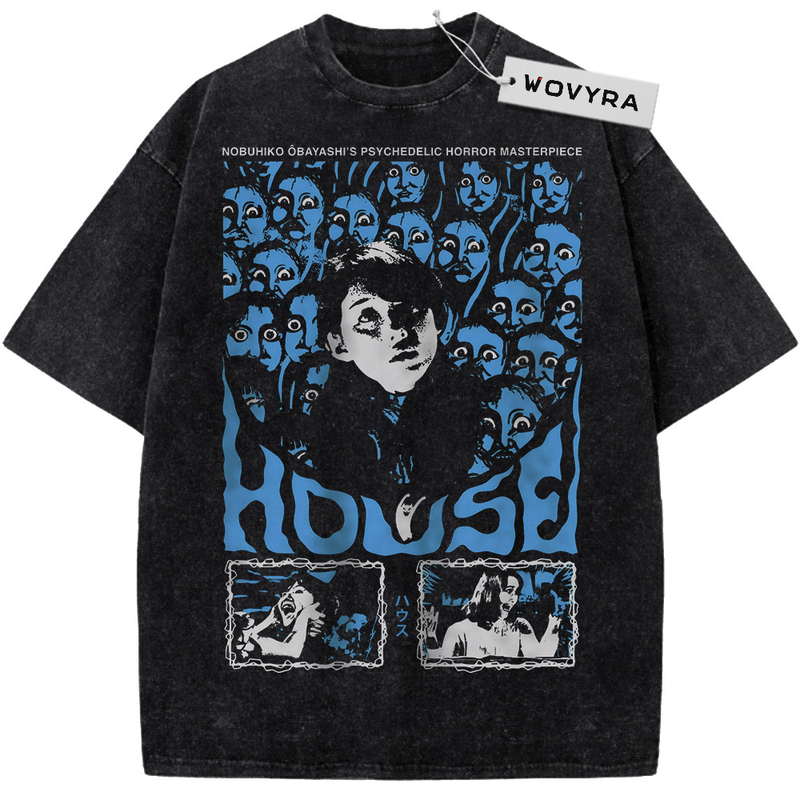 Vintage T-shirt featuring a blue horror poster collage with a central monochrome portrait