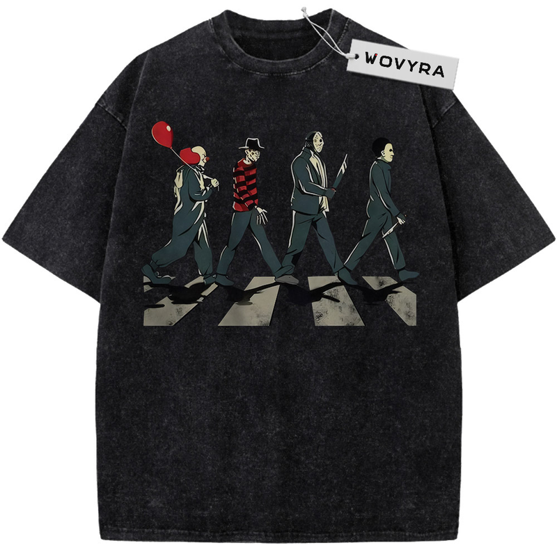 Slasher Villains Crosswalk Vintage T-Shirt with a line of horror figures walking across a striped crossing