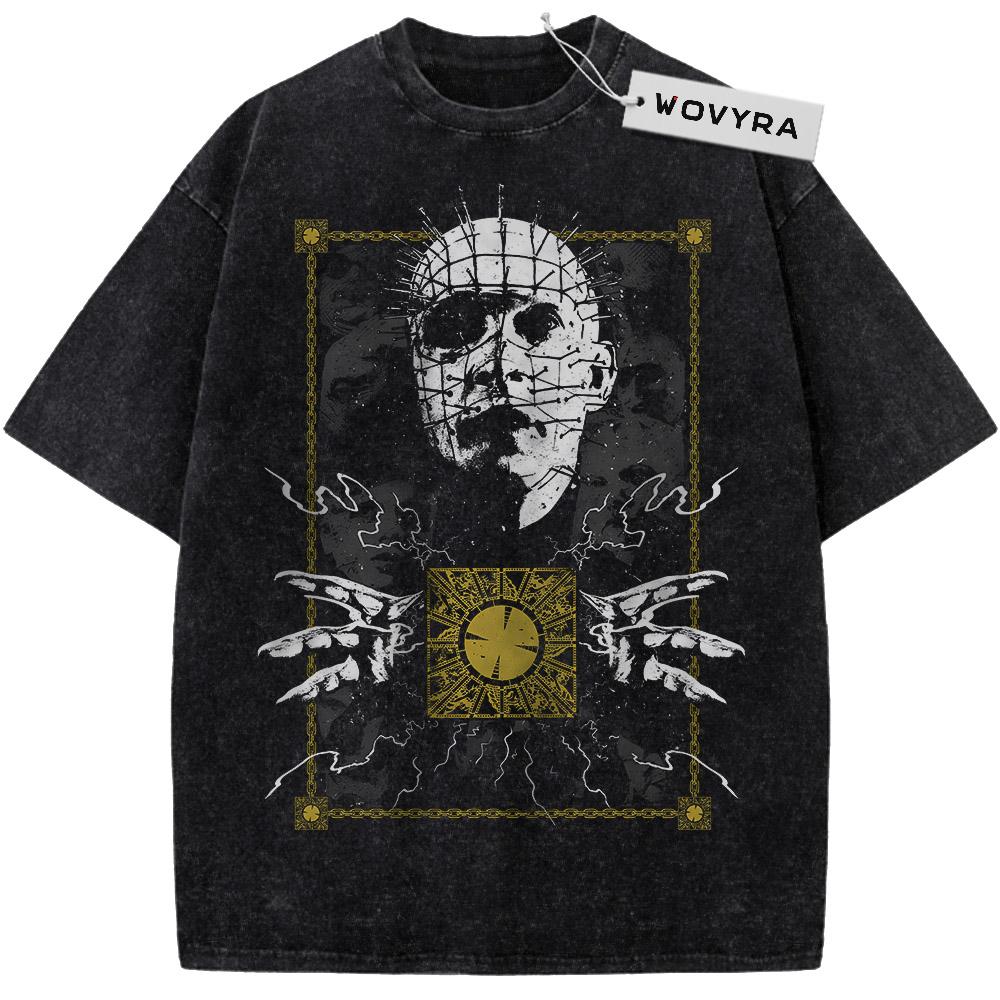 Vintage T-shirt featuring Pinhead above a gold puzzle cube inside a thin rectangular frame
