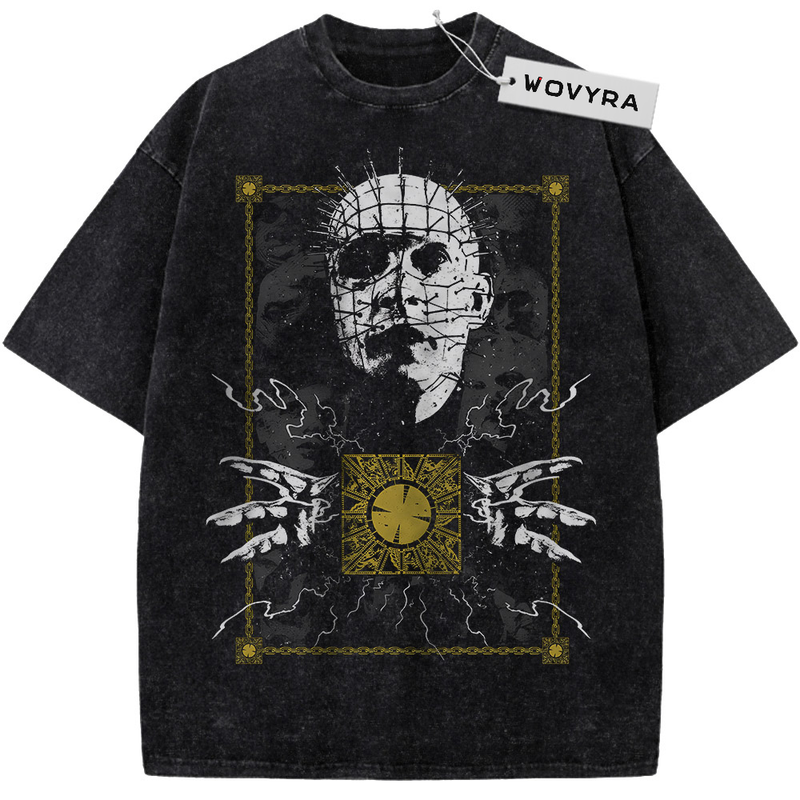Vintage T-shirt featuring Pinhead above a gold puzzle cube inside a thin rectangular frame