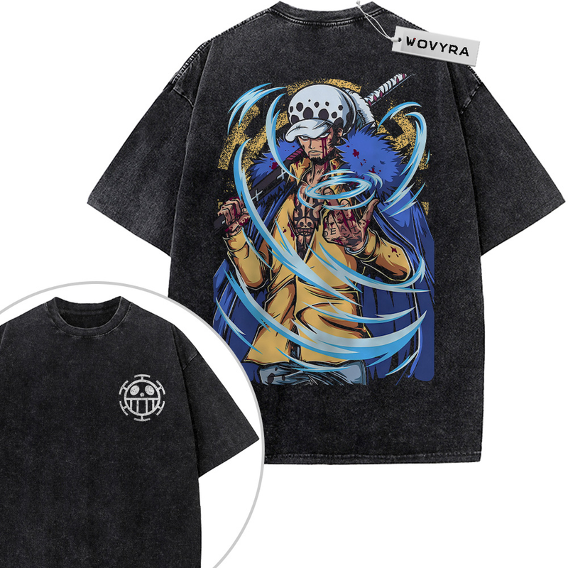 2-sided vintage T-shirt featuring Trafalgar Law surrounded by curved blue energy trails