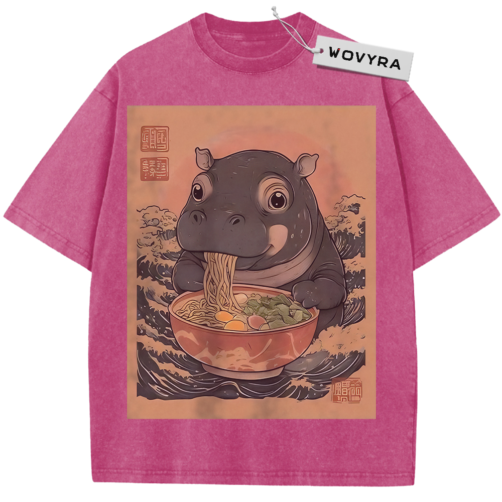 Pink Ramen Hippo T-shirt with a hippo eating noodles in a warm-toned frame