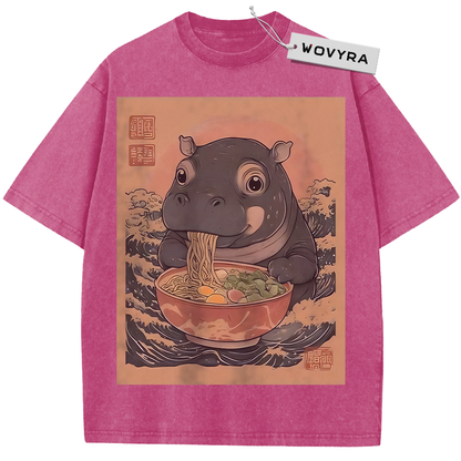 Pink Ramen Hippo T-shirt with a hippo eating noodles in a warm-toned frame