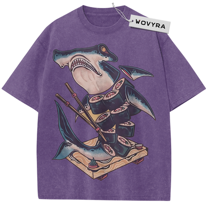 Purple Sushi Shark T-shirt with a cartoon shark holding chopsticks