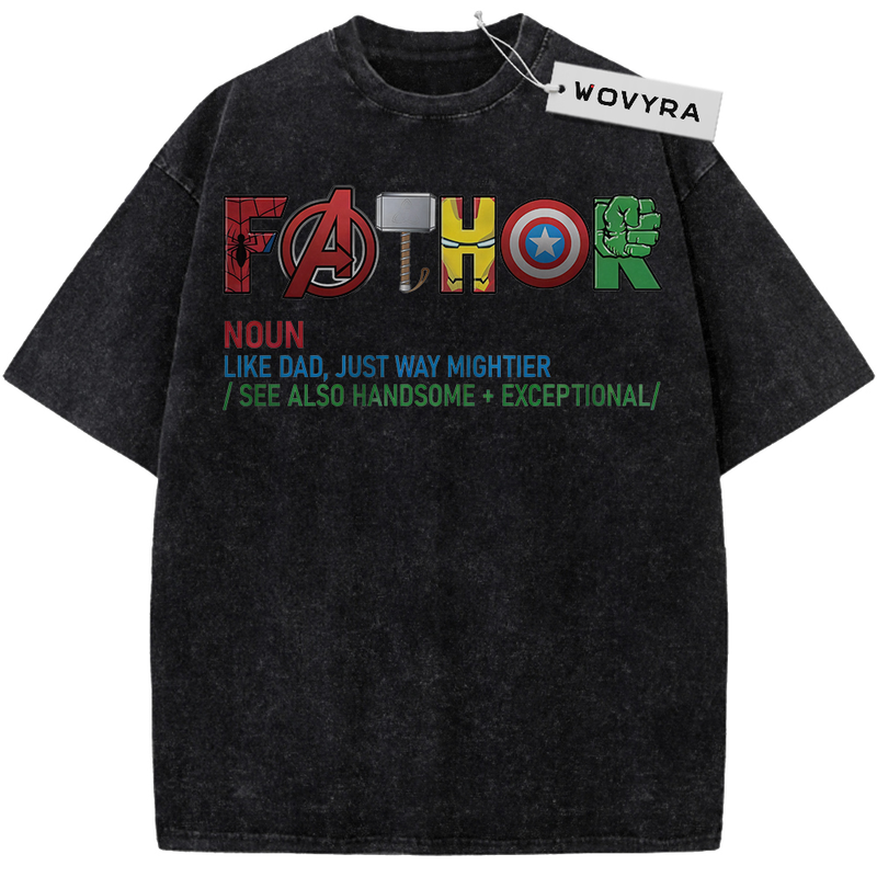 Vintage T-shirt featuring FATHER lettering formed with colorful superhero symbols