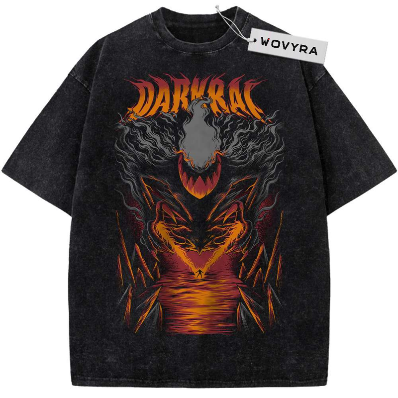 Vintage T-shirt featuring a dark Darkrai silhouette rising above orange flames and water-like reflections