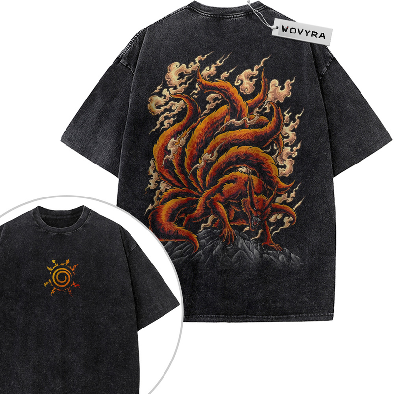 Naruto Kurama Nine-Tailed Fox 2-Sided Vintage T-Shirt with an orange nine-tailed fox curled above a dark landscape