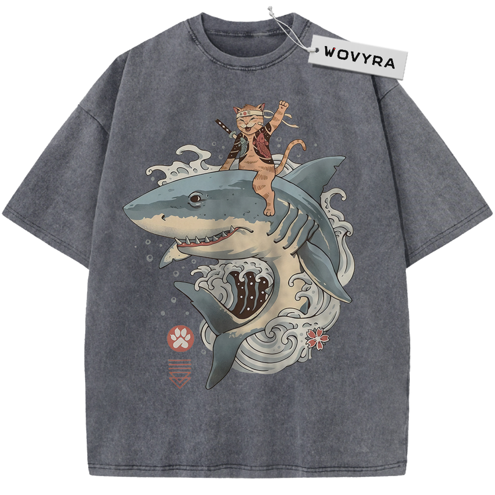 Charcoal gray Samurai Cat Shark T-shirt with a cat riding a shark through curling waves
