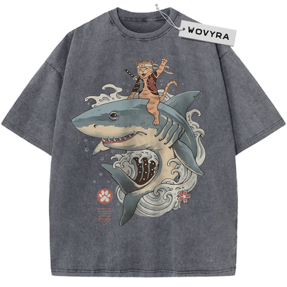 Charcoal gray Samurai Cat Shark T-shirt with a cat riding a shark through curling waves