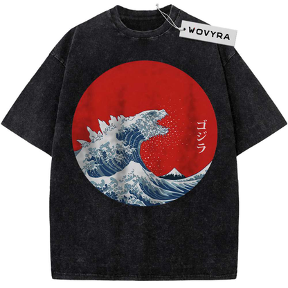 Black kaiju T-shirt with a monster-shaped blue wave and red sun graphic