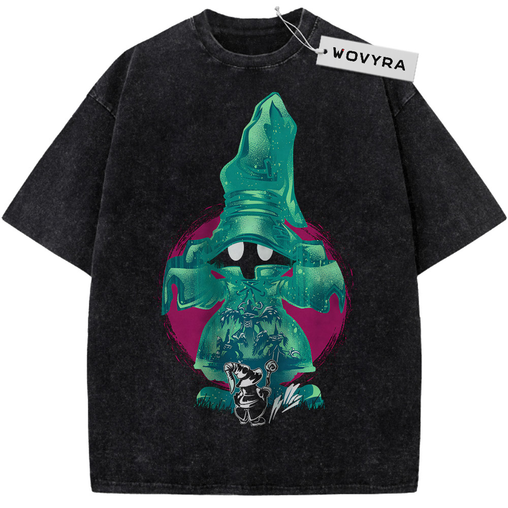 Final Fantasy IX Vivi Ornitier Teal Mage Vintage T-Shirt with a teal wizard silhouette layered with small character scenes