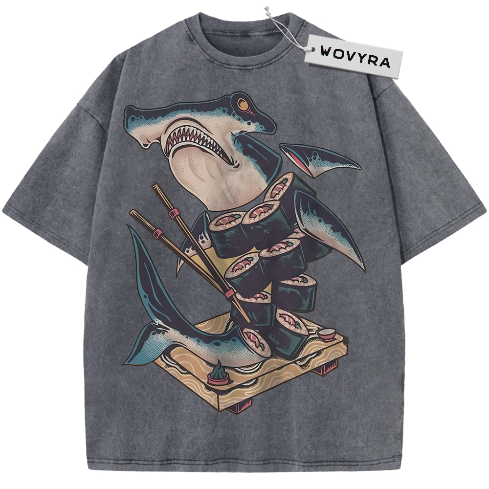 Charcoal gray Sushi Shark T-shirt with a cartoon shark holding chopsticks